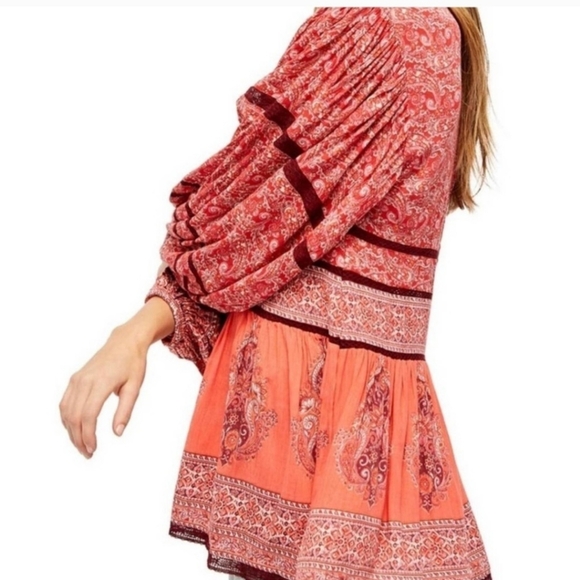 FREE PEOPLE Luna Boho Gypsy India Print V Neck Peasant Dress Orange Red Small - Picture 5 of 13